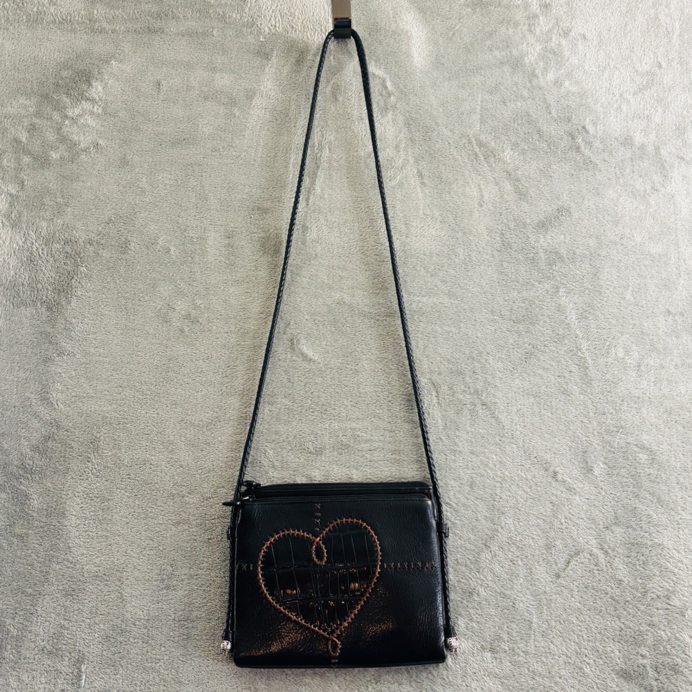 Brighton Stitched Heart Crossbody Mini Organizer Black Leather Braided Strap Zip